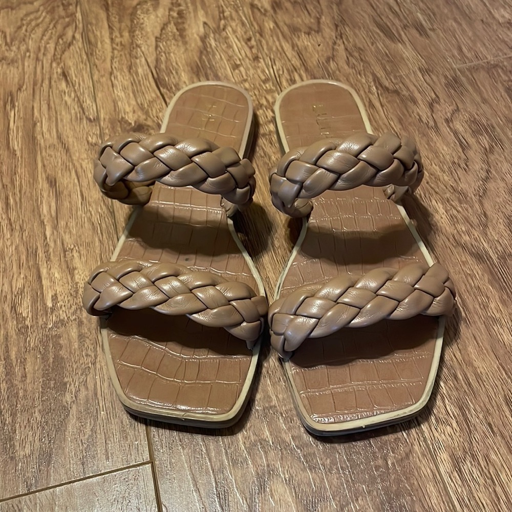 Braided tan square toed sandals